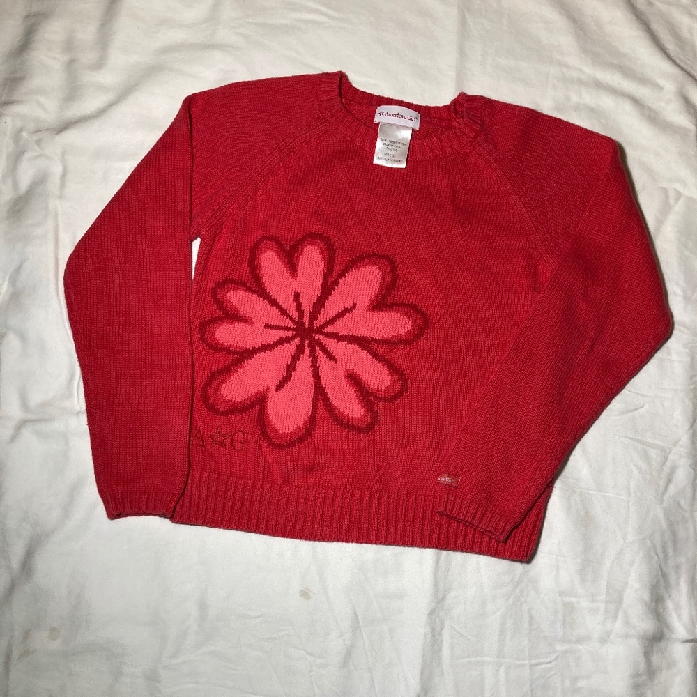 American girl, red and pink flower sweater